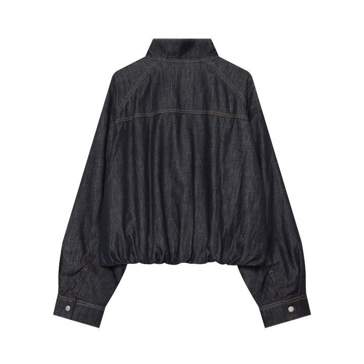 Damen Cropped Jeansjacke mit Stehkragen, Taillengürtel und elastischem Saum Drune
