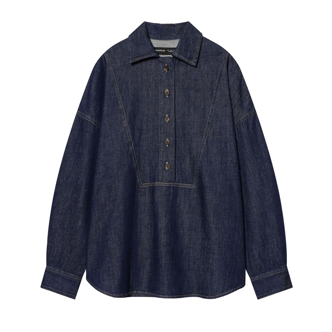 Damen nan Oversize-Denimbluse mit verdeckter Knopfleiste, markanten Teilungsnähten und kastiger Silhouette Drune