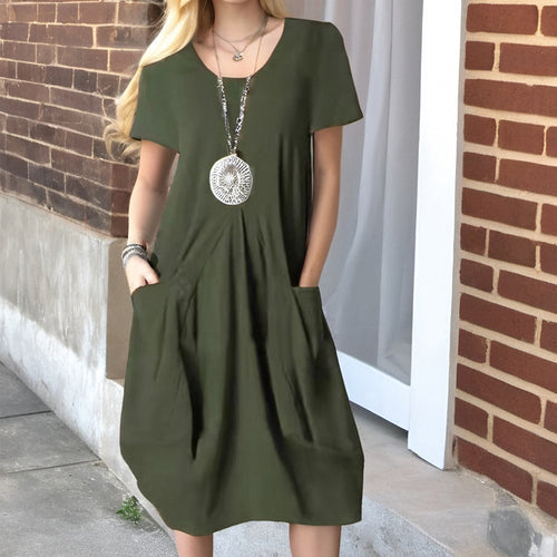 Damen lässiges Kurzarm-Kleid mit seitlichen Taschen und lockerem Schnitt Drune