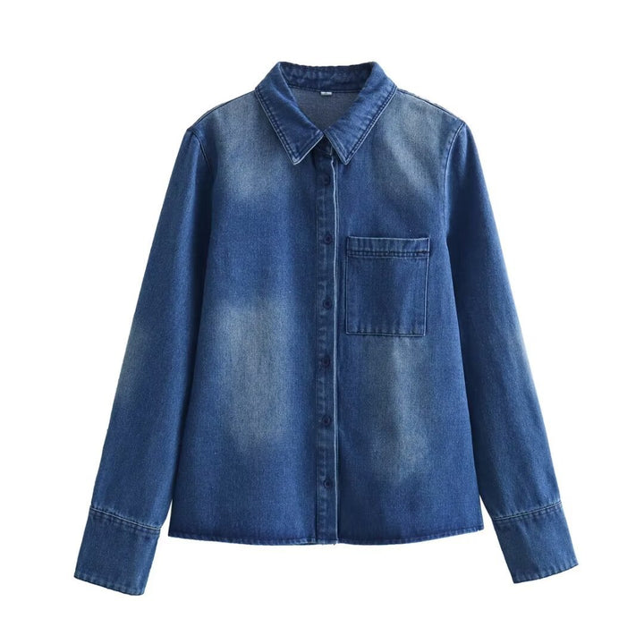 Damen nan leichte Vintage-Denim-Bluse im Relaxed-Fit mit aufgesetzter Brusttasche und durchgehender Knopfleiste Drune