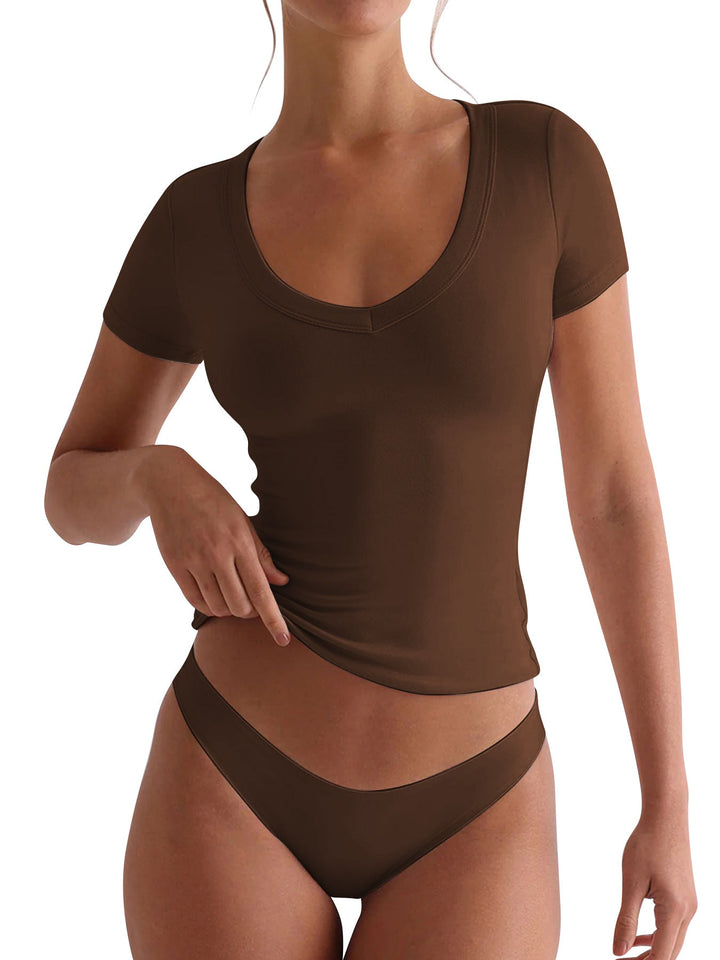 Damen figurbetontes V-Neck T-Shirt mit kurzen Ärmeln Drune