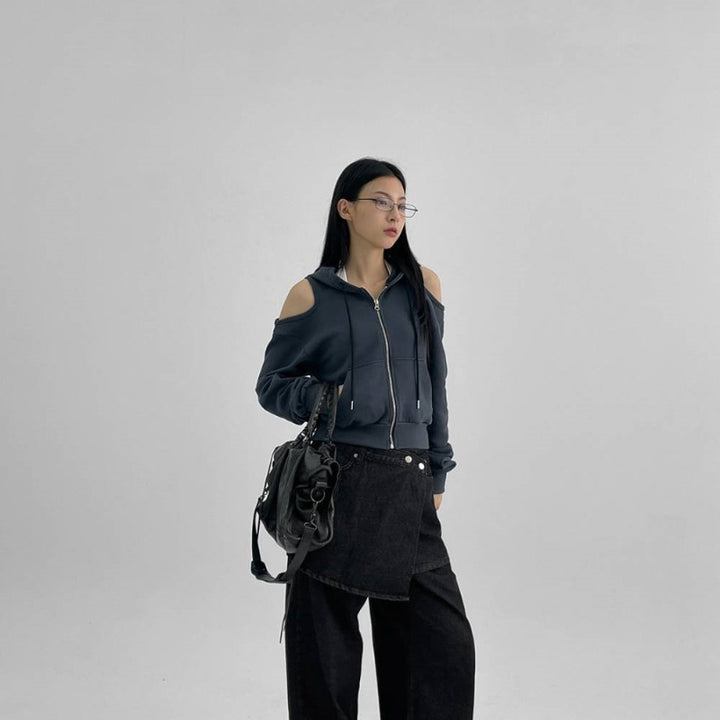 Damen modischer cropped Kapuzenpullover mit Cut-Out-Ärmeln Drune