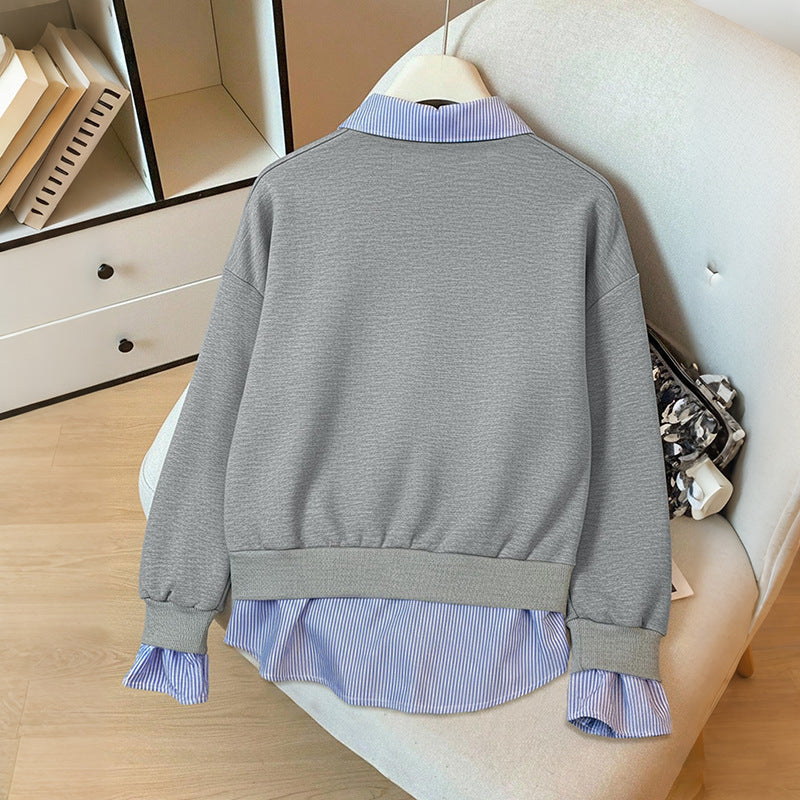Damen Lagen-Look Sweatshirt mit eingearbeitetem Hemdsaum und Rüschenmanschetten Drune