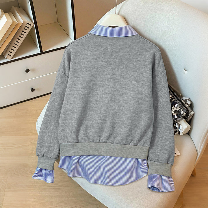 Damen Lagen-Look Sweatshirt mit eingearbeitetem Hemdsaum und Rüschenmanschetten Drune