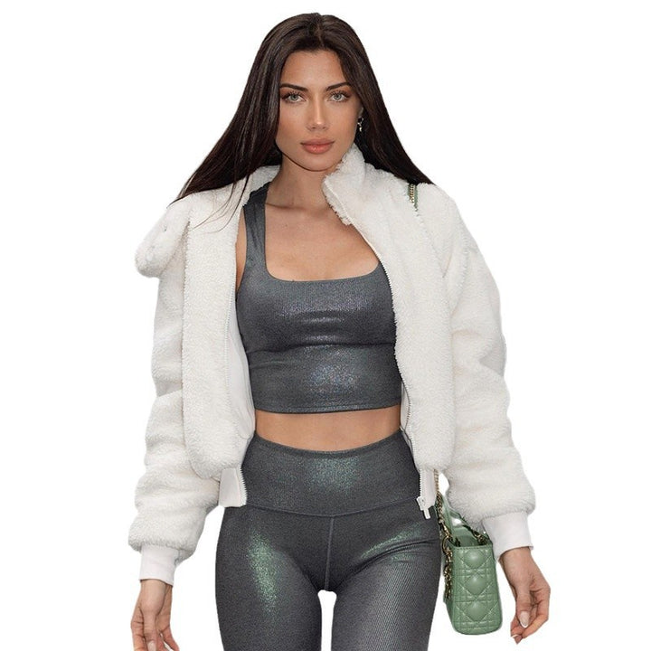 Damen nan gefütterte Teddy-Fleece-Hoodie-Jacke mit Kapuze, kurzem Schnitt und elastischem Rippenbund Drune