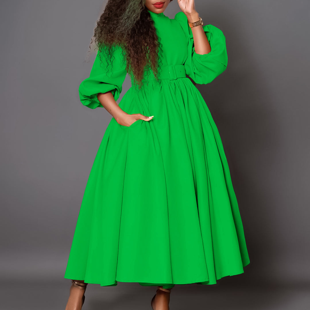 Damen Maxikleid mit hochgeschlossenem Kragen und abnehmbarem Taillengürtel Drune