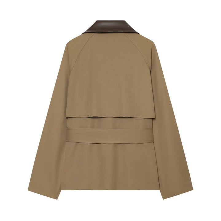 Damen kurz geschnittener Trenchcoat mit kontrastierendem Lederkragen und Taillengürtel Drune