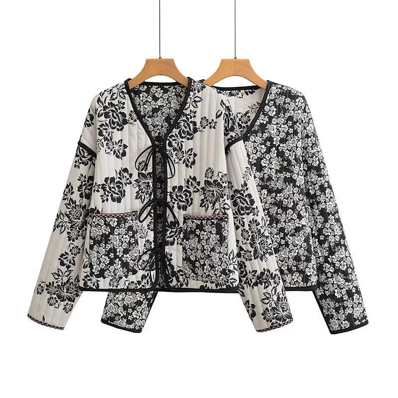 Damen Gestepptes Kurzblouson mit floralem Allover-Print und Bindeschleifen Drune