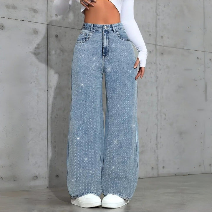 Damen Elegante High-Waist Jeans im weiten Schnitt mit glitzerndem Detail Drune