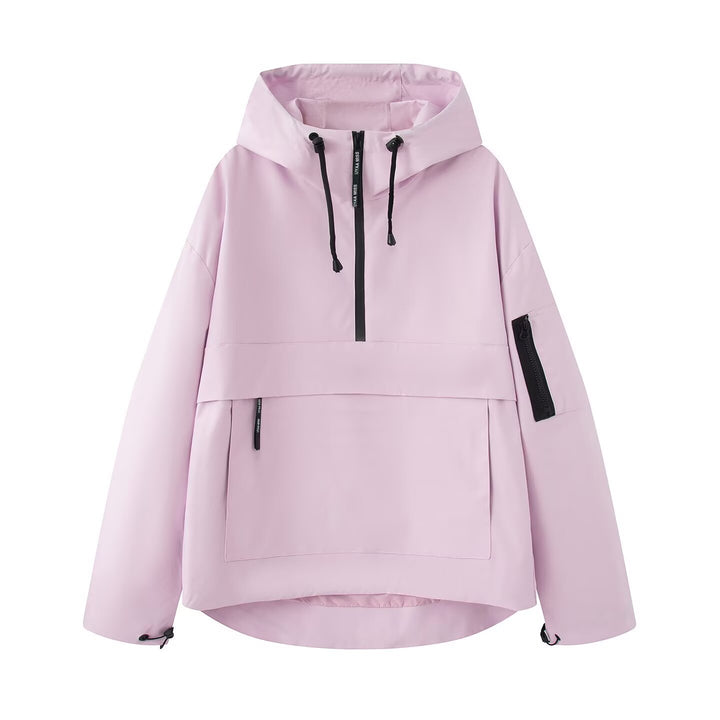 Damen wasserdichter Oversized Anorak mit Kapuze, halbem Reißverschluss und Kängurutasche Drune