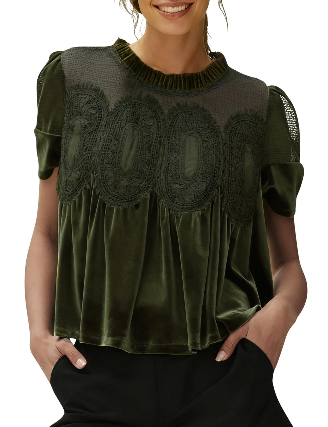 Damen Samtbluse mit Spitzenbesatz, transparentem Einsatz und geraffter A-Linie Drune