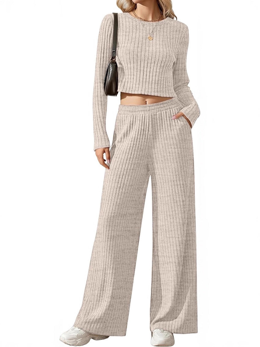 Damen Geripptes Feinstrick-Lounge-Set mit Cropped Langarmtop und High-Waist Palazzohose Drune