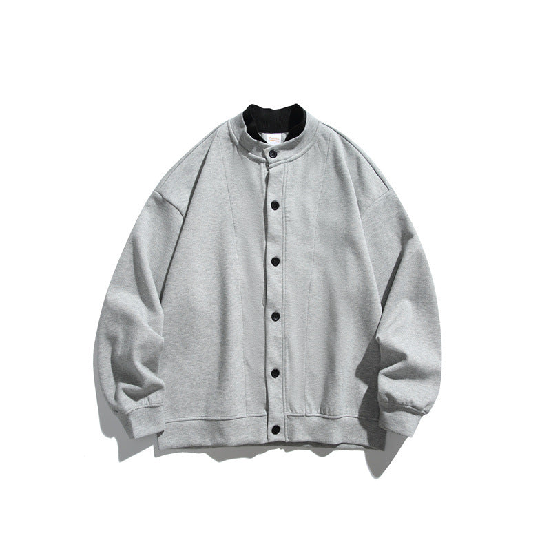 Unisex Oversize Knopfcardigan aus schwerer Baumwollfrottee mit tonalen Nahtpaspeln und geripptem Innenkragen Drune