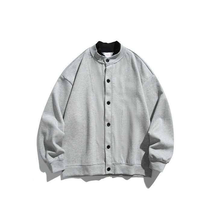 Unisex Oversize Knopfcardigan aus schwerer Baumwollfrottee mit tonalen Nahtpaspeln und geripptem Innenkragen Drune