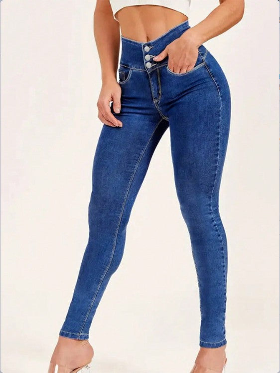 Damen High-Waist Sculpting-Skinny-Jeans mit taillenbildendem V-Bund und Doppelknopfverschluss Drune