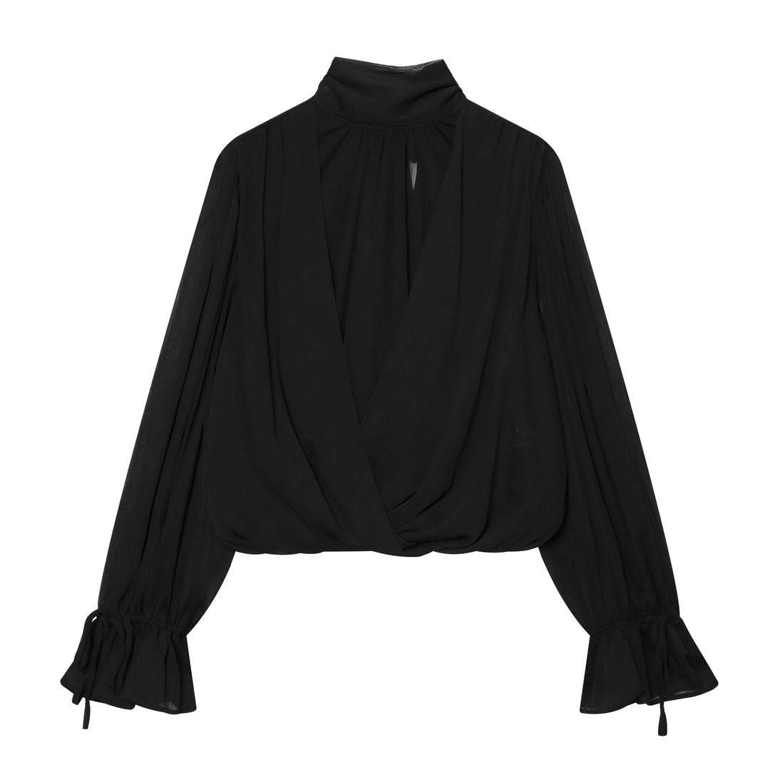 Damen Schlupfbluse mit Schleifenkragen, plissierten Volantärmeln und elastischem Saum Drune
