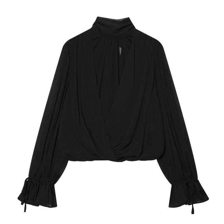Damen Schlupfbluse mit Schleifenkragen, plissierten Volantärmeln und elastischem Saum Drune
