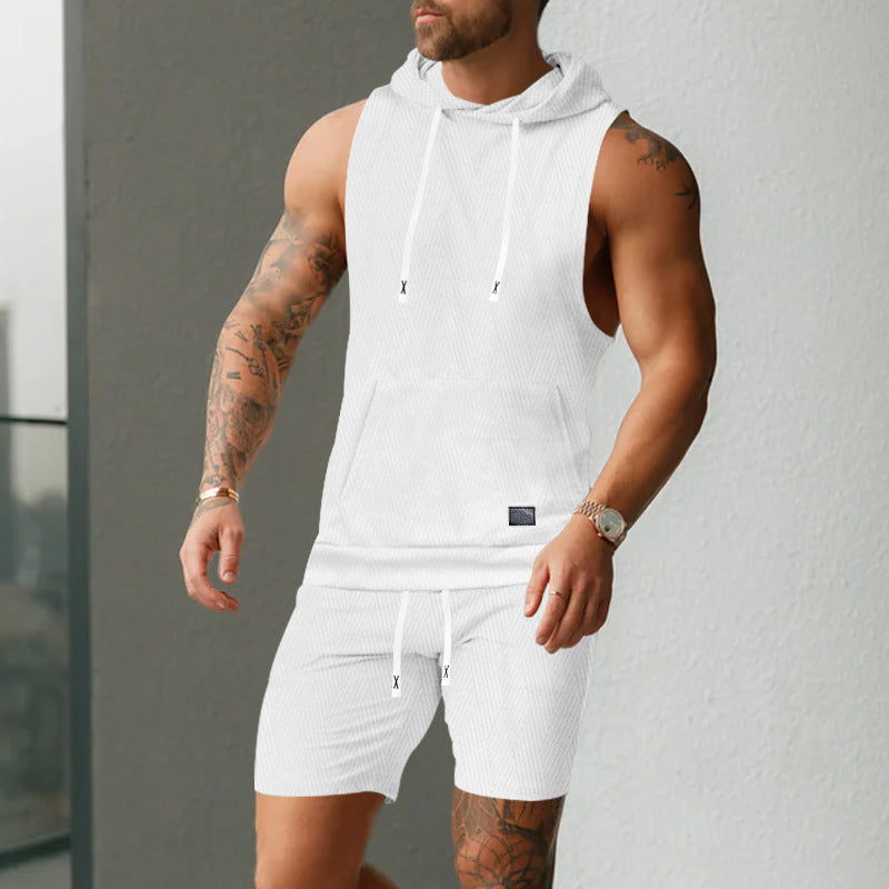Herren nan ärmelloses Kapuzenweste-Set aus strukturiertem Baumwollmix mit Kängurutasche und Tunnelzug-Shorts Drune
