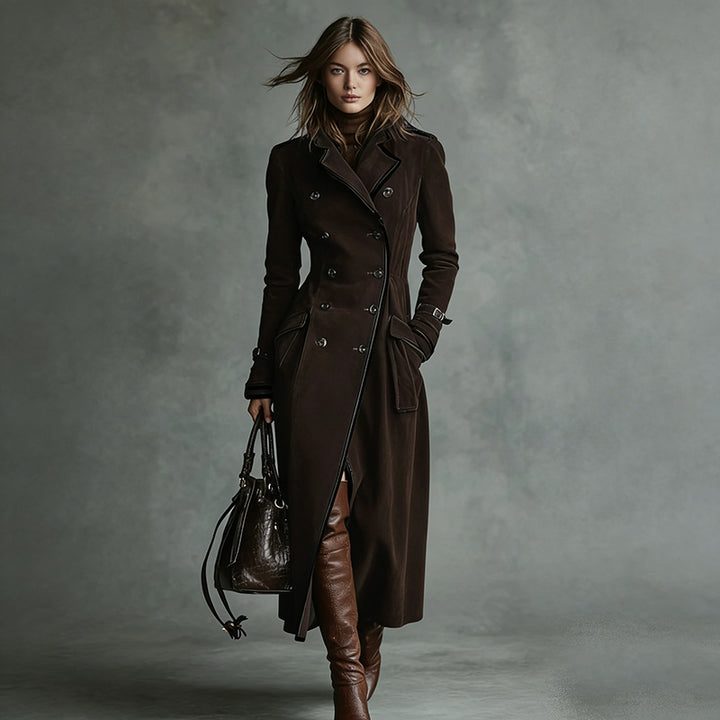 Damen Langer Taillierter Trenchcoat aus Veloursleder‑Optik mit doppelreihiger Knopfleiste und Schnallenmanschetten Drune