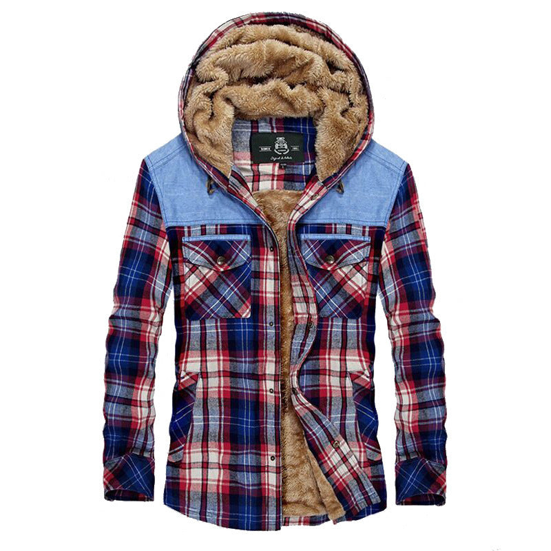 Herren karierte gefütterte Hemdjacke mit Kapuze und Teddyfutter Drune