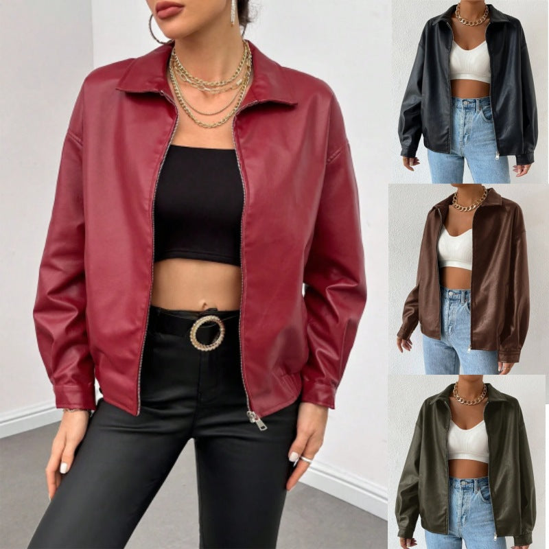 Damen Oversized Kunstleder-Blouson mit Reißverschluss und Hemdkragen Drune