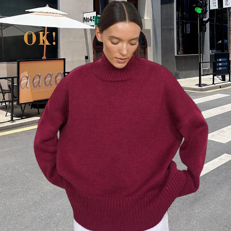 Damen Strickpullover mit hohem Kragen und weitem Schnitt Drune