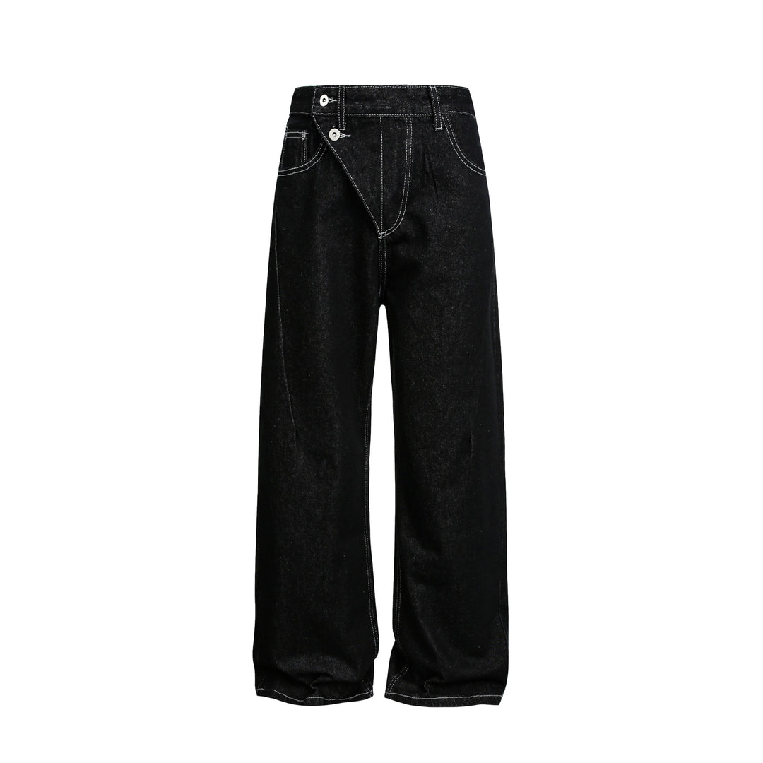 Damen Weite High-Waist Jeanshose mit asymmetrischem Knopfverschluss und Kontrastnähten Drune