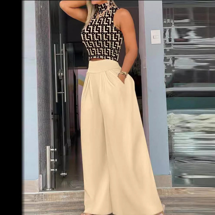 Damen Stilvolles Zweiteiliges Cropped Top und Breite Hosen Set Drune
