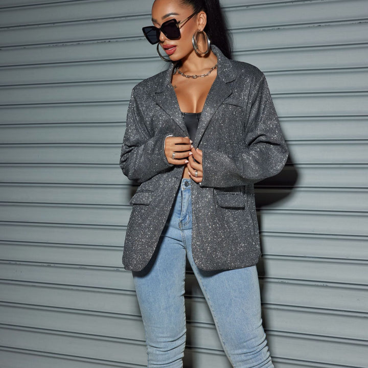 Damen Glitzernder Oversize-Blazer mit Pattentaschen & schimmernder Struktur Drune