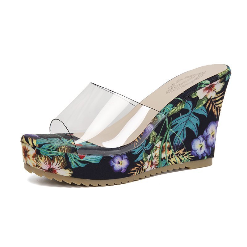 Damen nan PVC-Riemen Keilpantoletten mit floral bedruckter Keilsohle und ergonomischem Komfortfußbett Drune