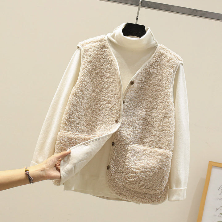 Damen Ärmellose Teddyweste mit Knopfleiste und aufgesetzten Taschen Drune
