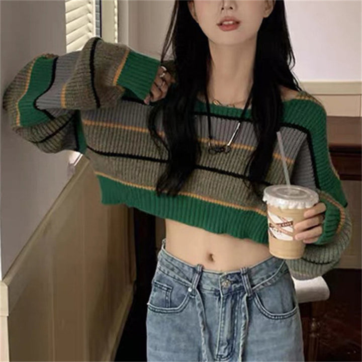 Damen lässiger cropped Strickpullover mit breiten Ärmel und Streifenmuster Drune