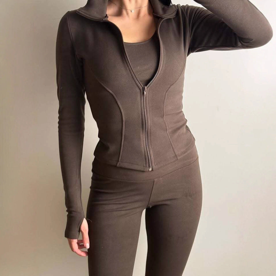 Damen Figurbetontes Freizeit-Set mit Reißverschlussjacke und taillenhohen Leggings aus Stretch mit Daumenlöchern Drune