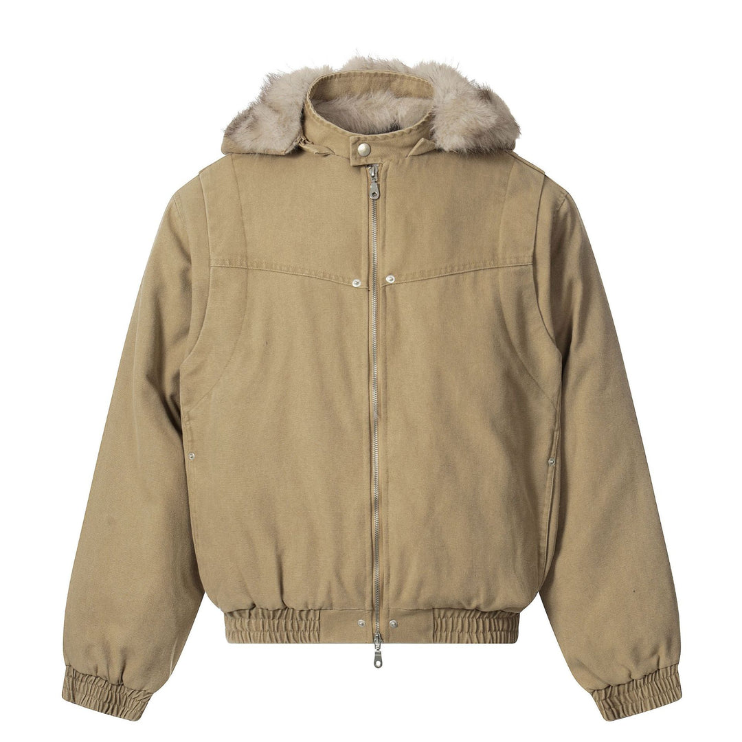 Herren Canvas-Bomberjacke mit abnehmbarer Kunstfellkapuze und elastischem Saum Drune