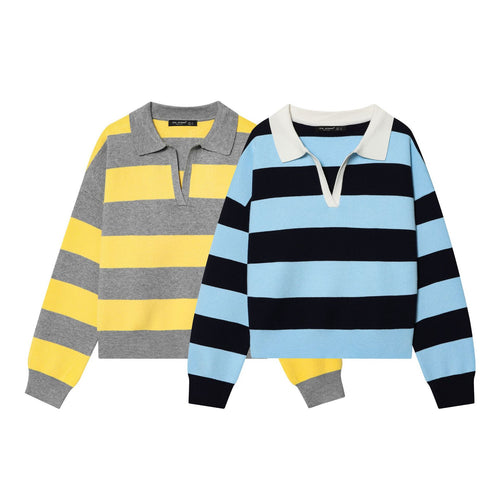 Damen nan gestreifter Rugby-Pullover mit Polokragen, V-Ausschnitt und kastiger Oversize-Silhouette Drune