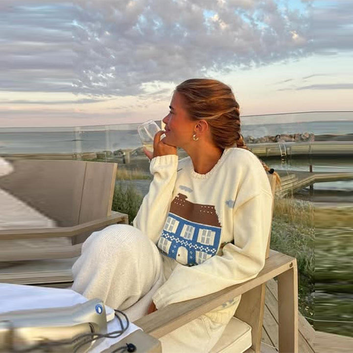 Damen Sweatshirt mit kreativem Hausmotiv Drune