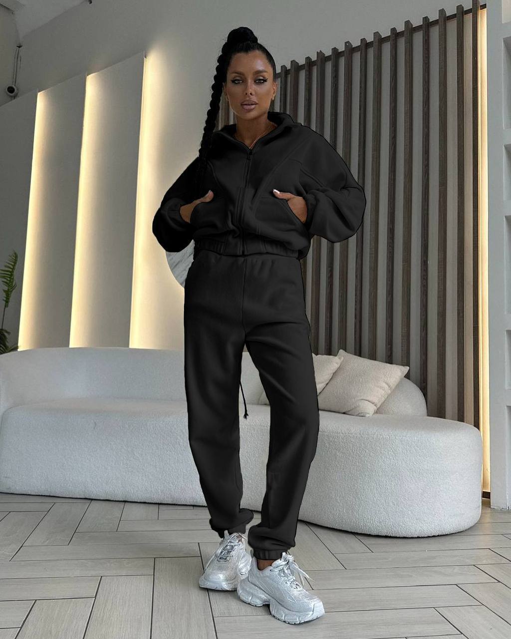 Damen kurzes Reißverschluss-Hoodie mit elastischem Bund und schmal zulaufender High-Waist-Jogginghose aus schwerem French-Terry Drune