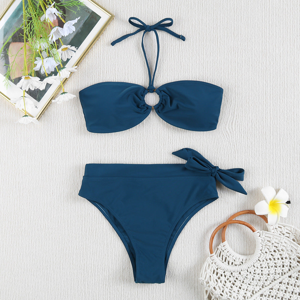 Damen Bandeau Bikini mit elegantem Knoten und hohem Bund Drune