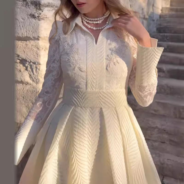 Damen Elegantes Maxikleid mit Spitzenärmeln und Taillengürtel Drune