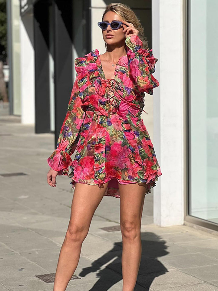 Damen Florales Chiffon-Minikleid mit Schnürkorsett, Volants und ausgestellten Ärmeln Drune
