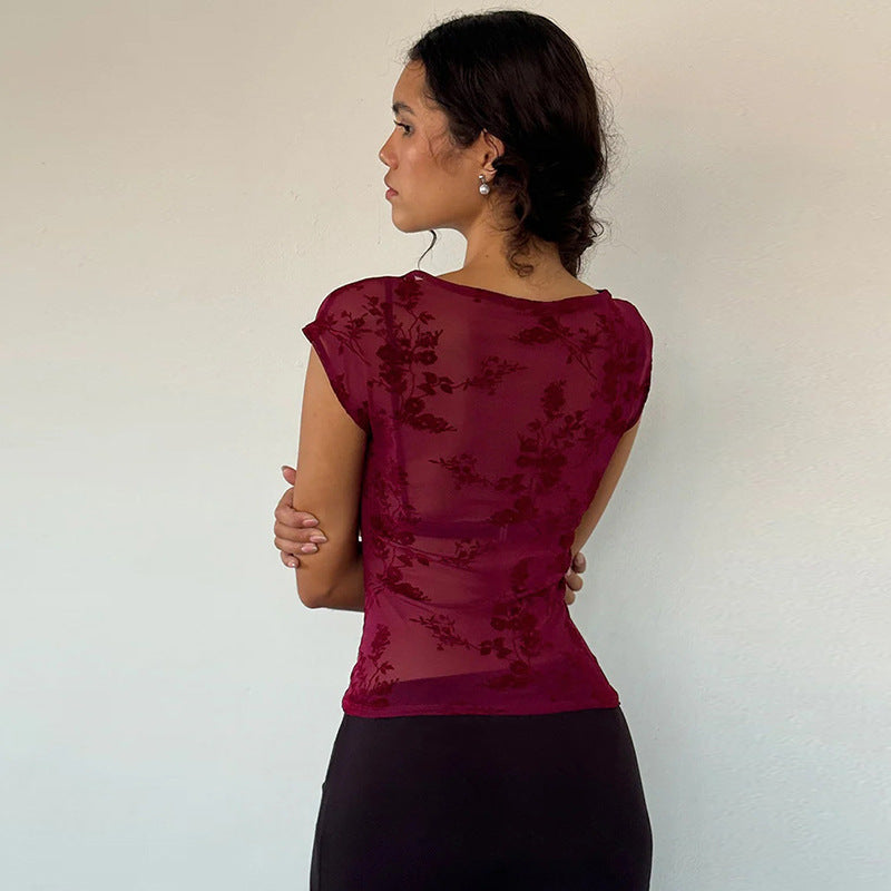 Damen Spitzenoberteil mit floralem Muster und transparenter Gestaltung Drune