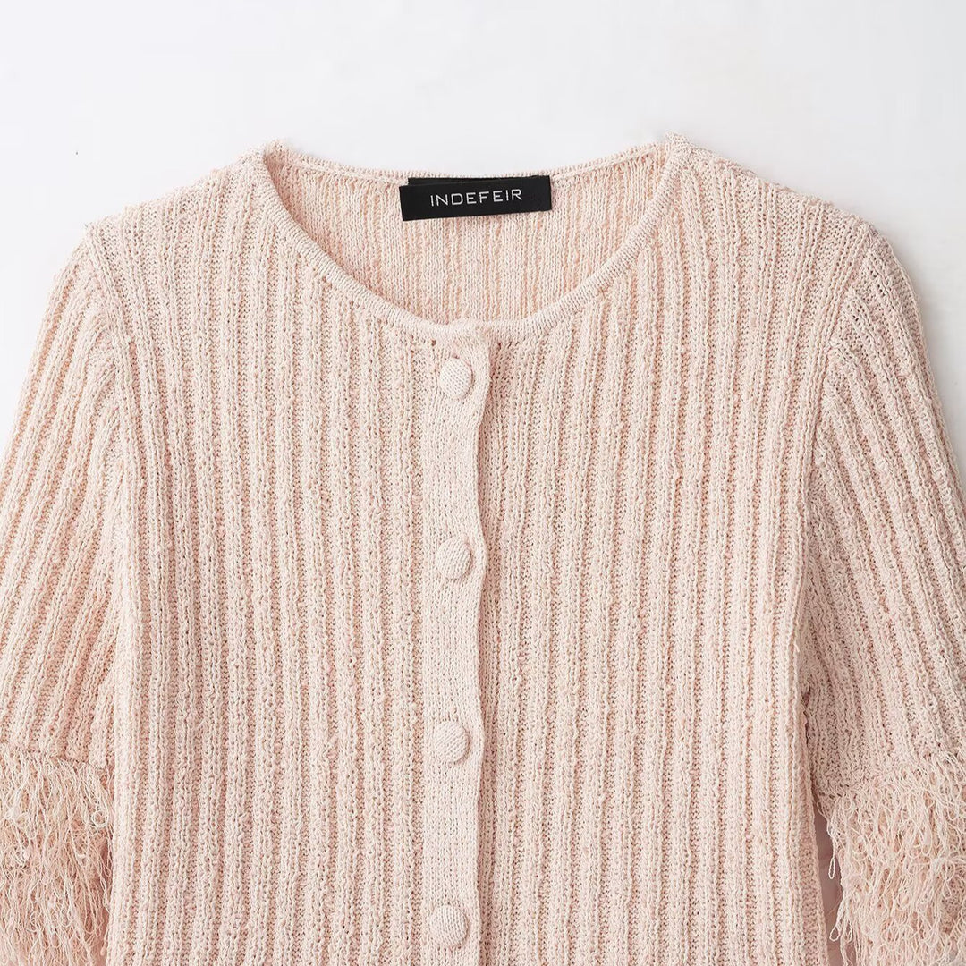 Damen Bouclé-Cardigan mit Fransenärmeln und verdeckter Knopfleiste Drune