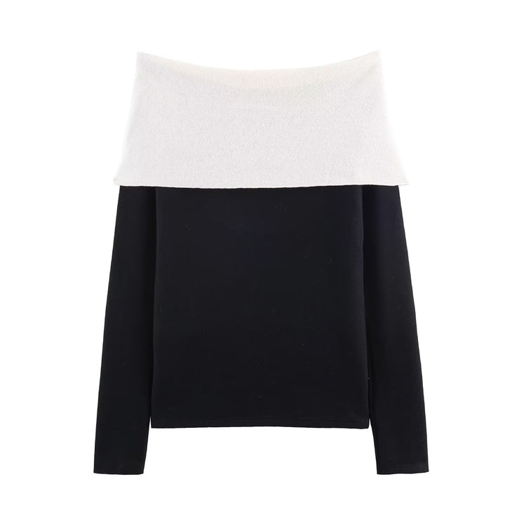 Damen 30+ schulterfreier Feinstrickpullover mit drapiertem Kragen und Ziernadel Drune