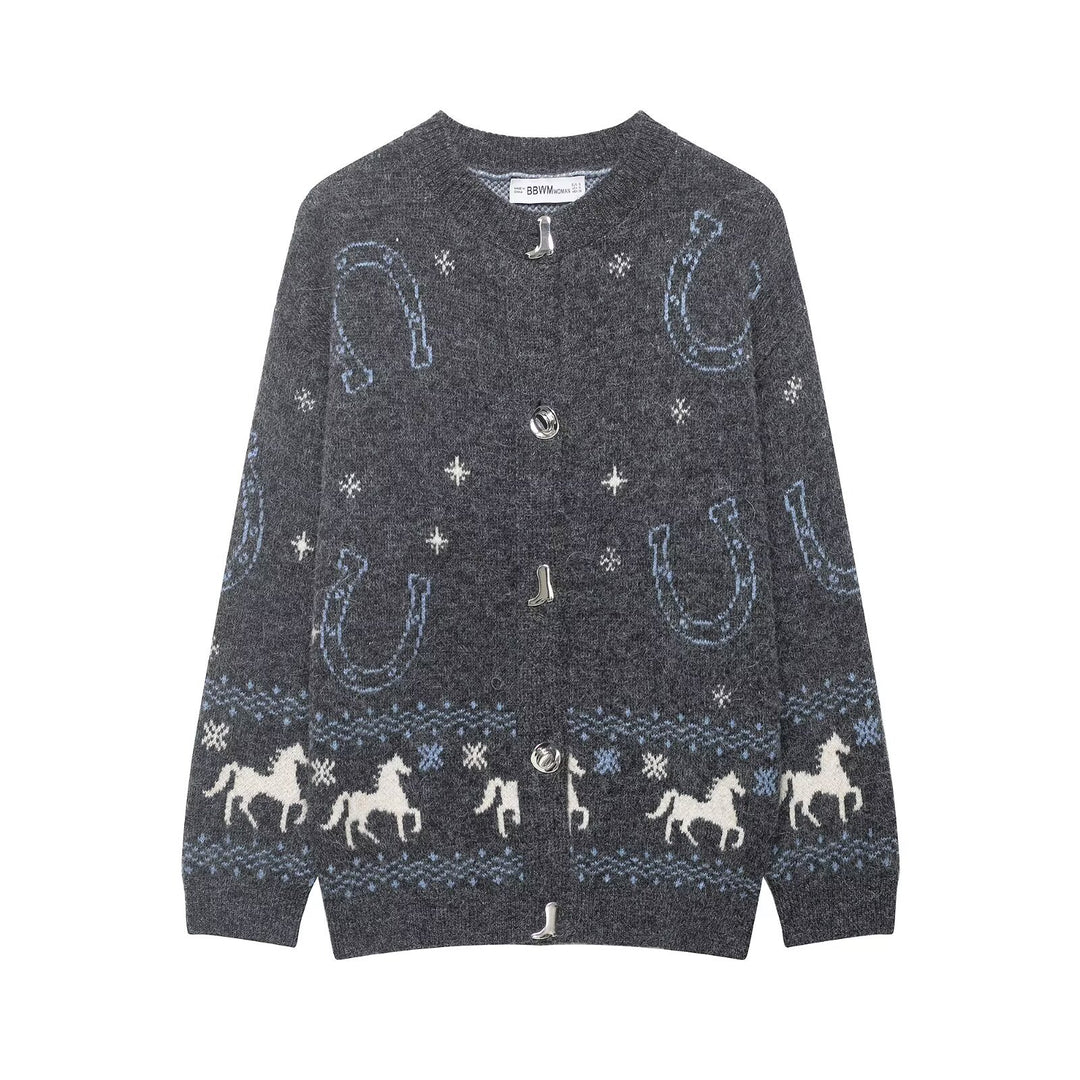 Damen Strickcardigan mit Pferde- und Hufeisen-Jacquard und Zierknöpfen Drune