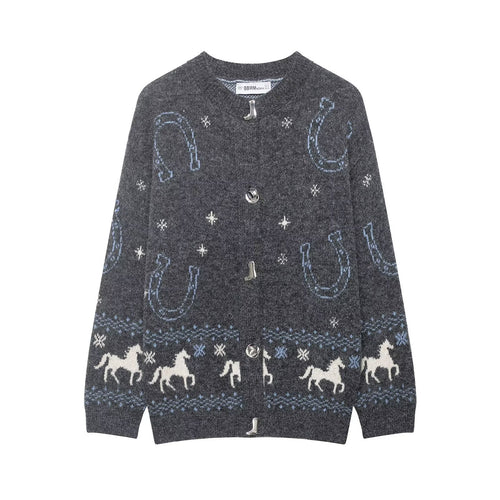 Damen Strickcardigan mit Pferde- und Hufeisen-Jacquard und Zierknöpfen Drune