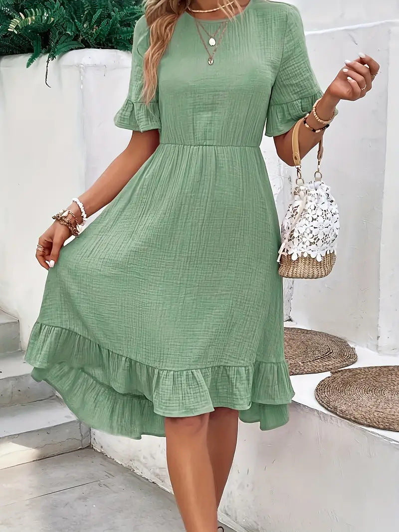 Damen Midi Kleid mit Volants und leichtem Gummizug Drune