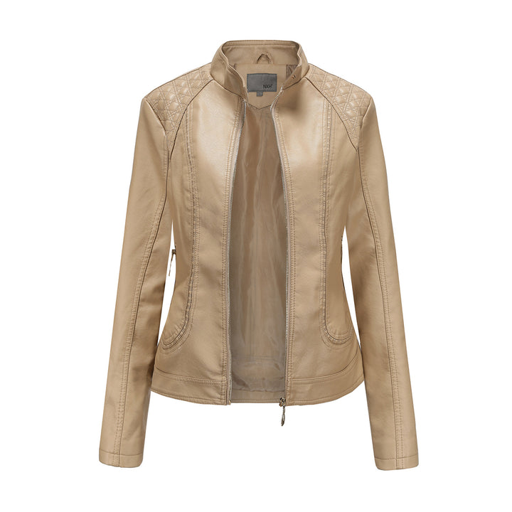 Damen nan taillierte Kunstleder Bikerjacke mit Stehkragen und gesteppter Schulterpartie Drune