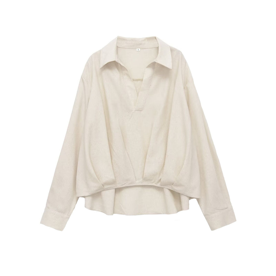 Damen Oversize-Leinenbluse mit offenem V‑Ausschnitt und gerafftem Saum Drune