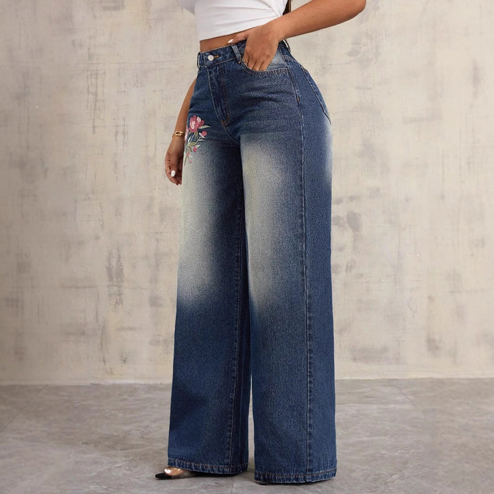 Damen weite Denim-Jeans mit floralen Stickereien Drune
