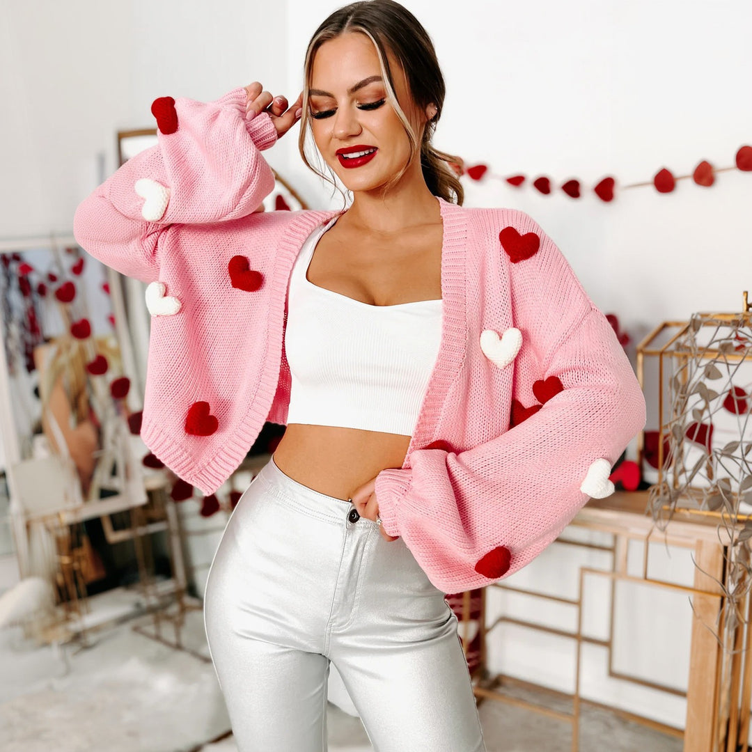 Damen Kurzer Oversize-Cardigan mit 3D-Herzapplikationen und weiten Ballonärmeln Drune